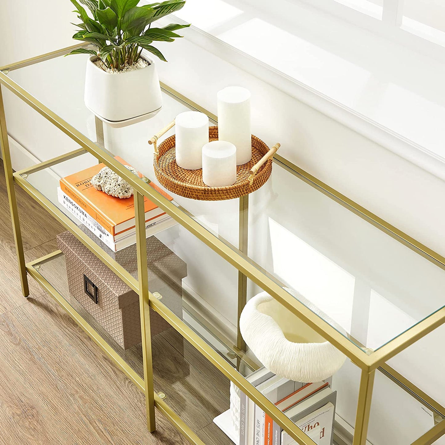 Nancy's Granada Sidetable - Consoletafel - 3 Niveaus - Goud - Glas / Staal - ± 130 x 30 x 70 cm