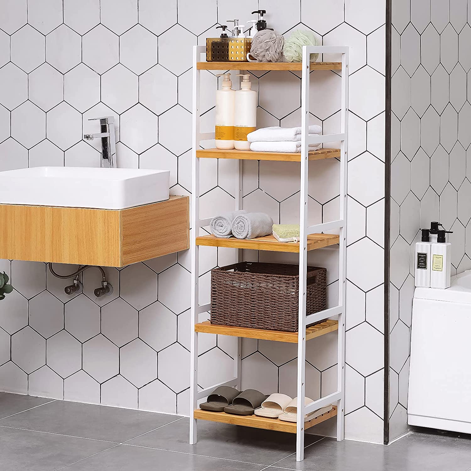 Nancy's Camp Creek Wall Cabinet - Storage Rack - Kitchen Cabinet - Bamboo - White - ± 45 x 30 x 140 cm