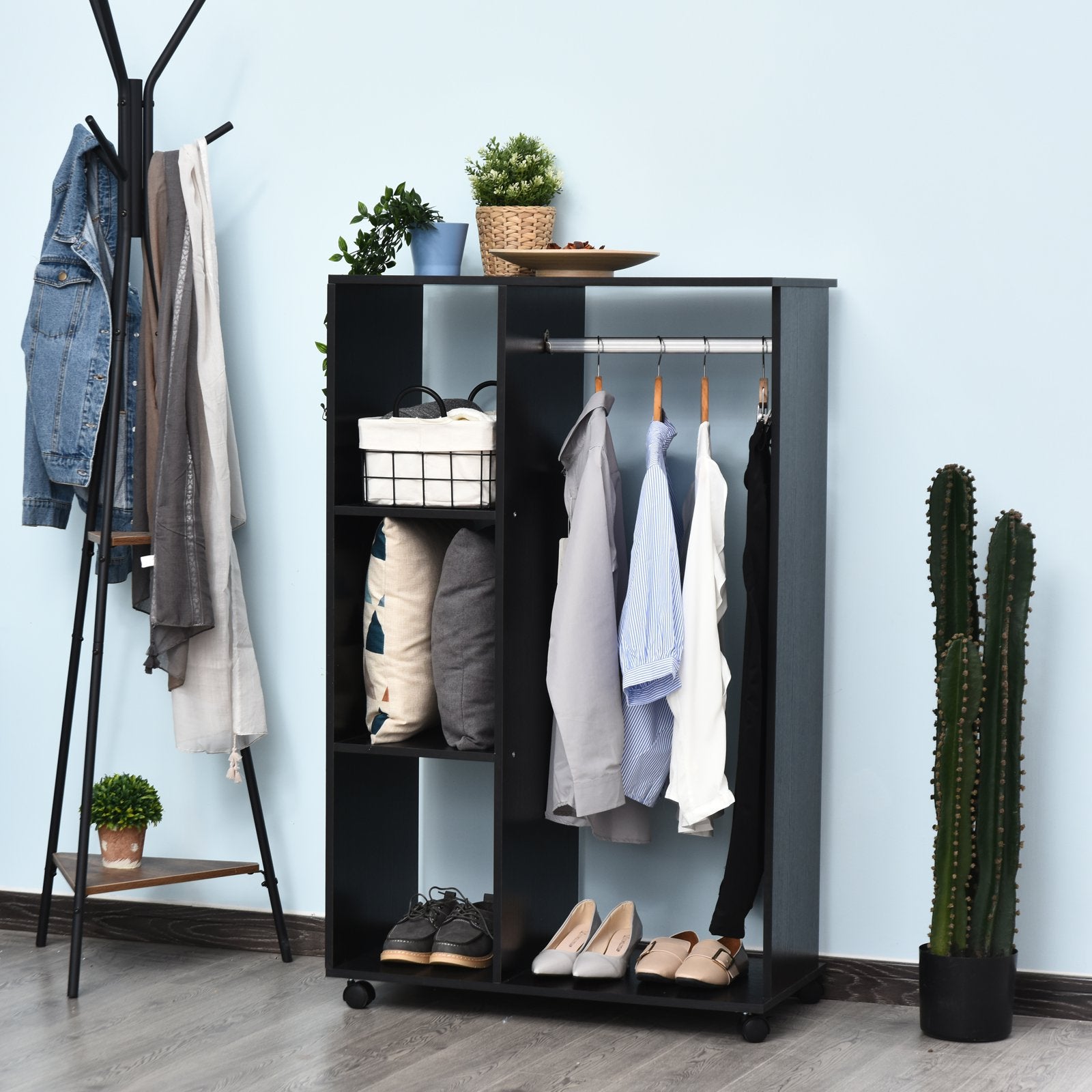 Nancy's Sweetwater Garderobekast - 3 Opbergvakken - 1 Hangrek - Op Wieltjes - Mobiele Garderobe - 80 x 40 x 128 cm - Zwart - Bewerkt Hout - Aluminium