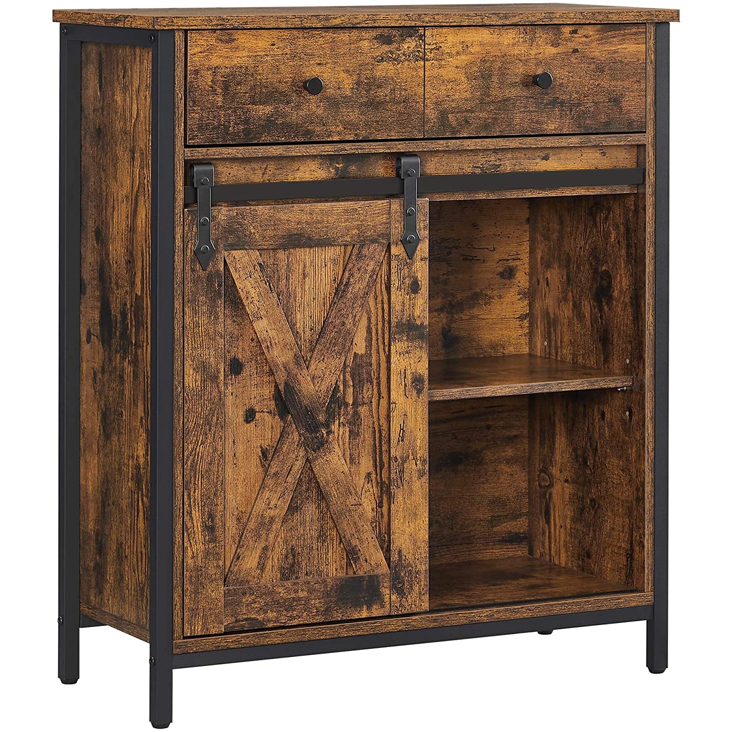 Nancy's Bloomingdale Dressoir - Ladekast - Opbergkast - Schuifdeur - Industrieel - Bruin - Bewerkt Hout - Metaal - 70 x 30 x 80 cm