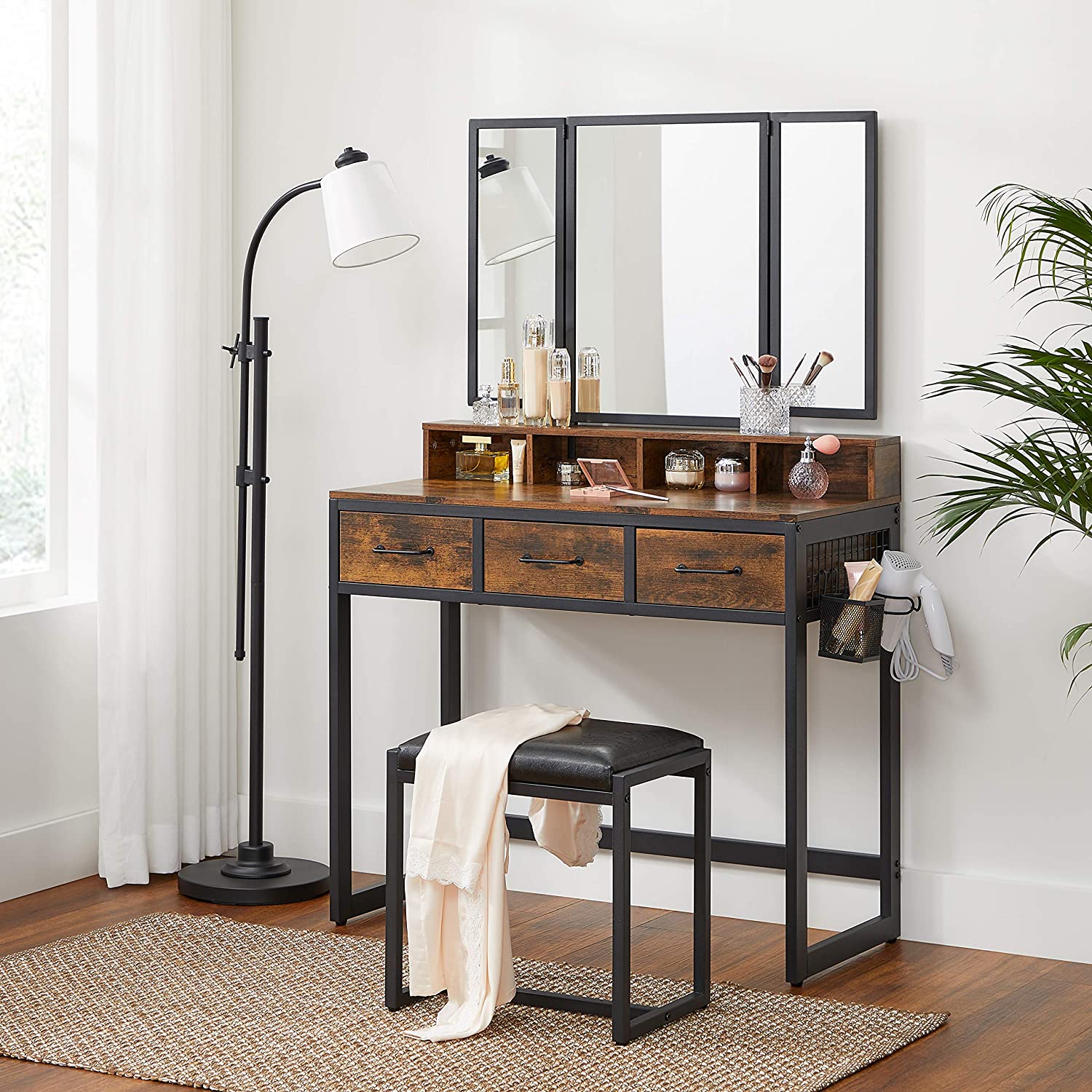 Table de maquillage Nancy's Kelly - Coiffeuse - Miroir - Tabouret compris - Marron Vintage / Noir - ± 90 x 40 x 140 cm