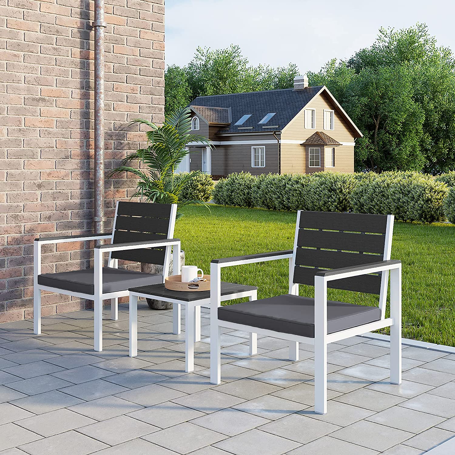 Nancy's Foote Lake Tuinset - Tuinmeubels - Loungeset - 2 Stoelen - 1 Tafel - Afneembaar Kussen - Metaal - Rookgrijs - Zwart