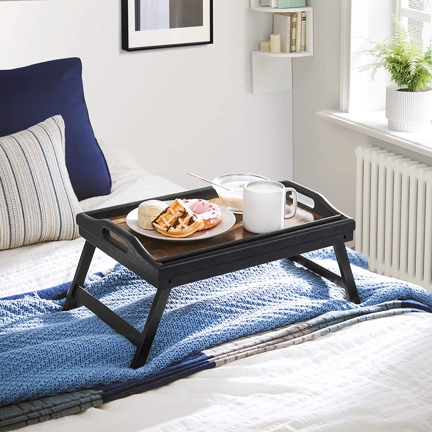 Nancy's Stonecrest Bedblad - Ontbijtblad - Dienblad - Laptopstandaard - Inklapbare Poten - Mobiel Houder - Bamboe - Vintage - Bruin - Zwart - 45 x 30 x 26 cm