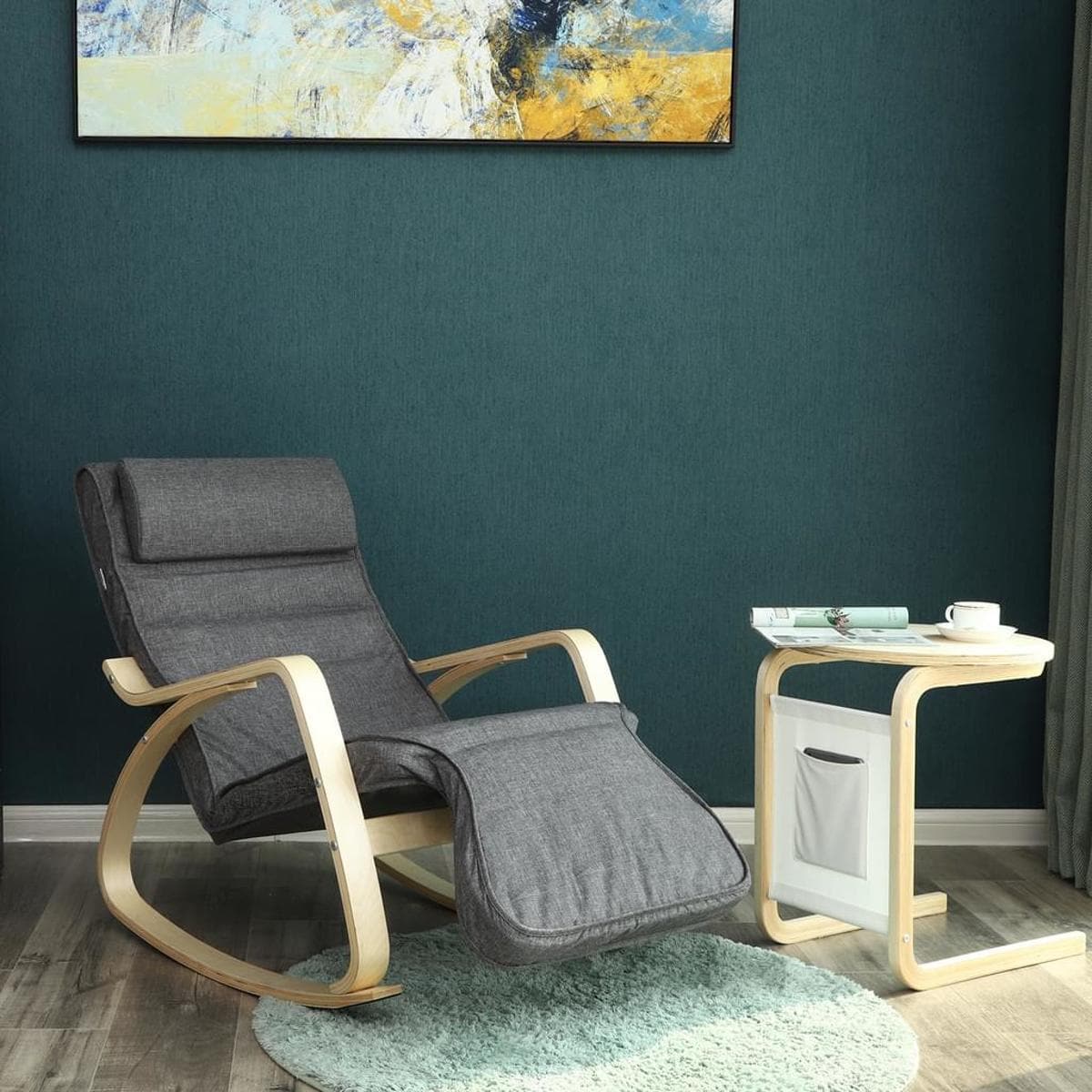 Nancy's Shobie Schommelstoel - Loungestoel - Relax Fauteuil - Donkergrijs - Imitatielinnen / Berkenhout