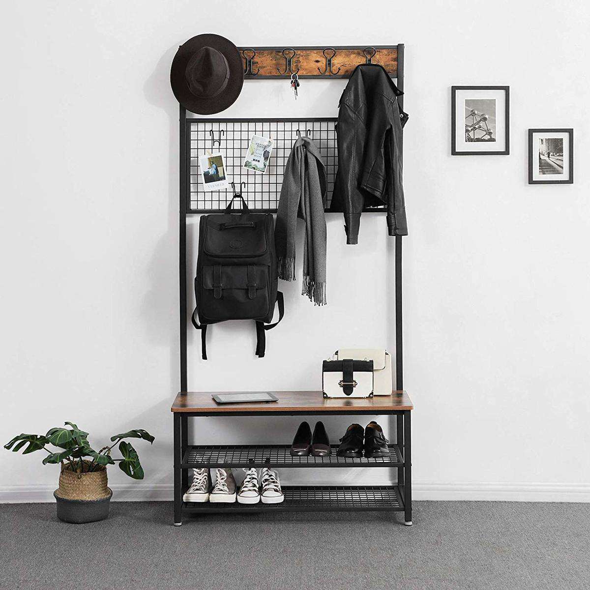 Nancy's Garderoberek met Kapstok - Schoenenrek - Industrieel - Rustiek Bruin - 92 x 41.5 x 187 cm