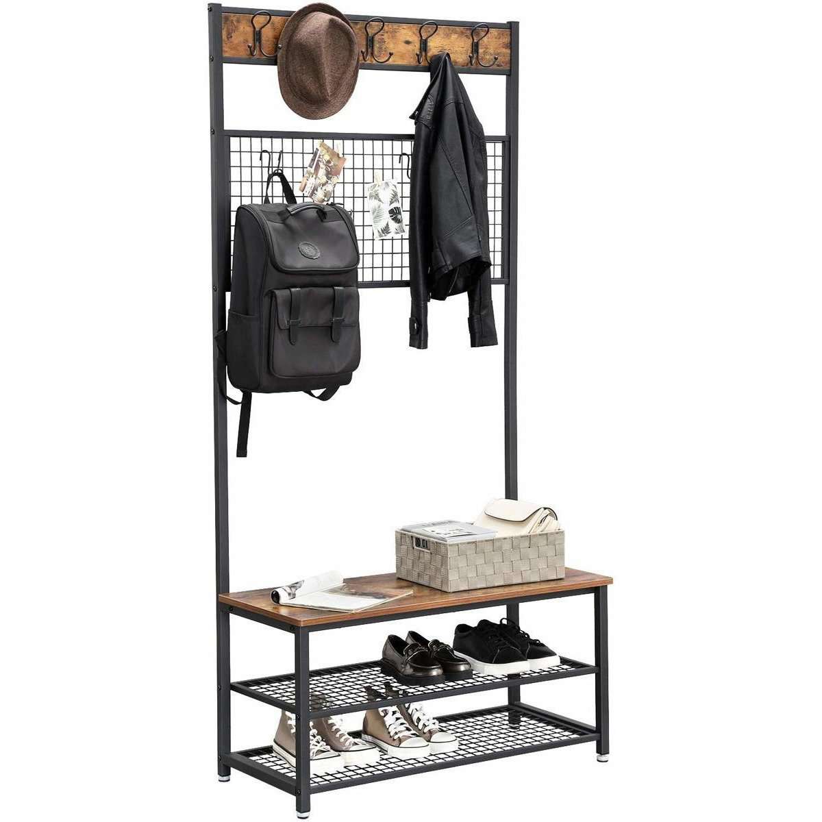 Nancy's Garderoberek met Kapstok - Schoenenrek - Industrieel - Rustiek Bruin - 92 x 41.5 x 187 cm