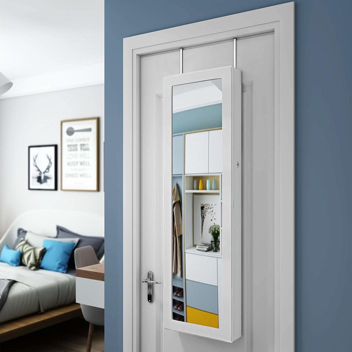 Armoire à bijoux Nancy's Sunset Junction avec miroir - Miroir pleine longueur suspendu - Miroir mural - Armoire à bijoux - Blanc - ± 40 x 10 x 120 cm