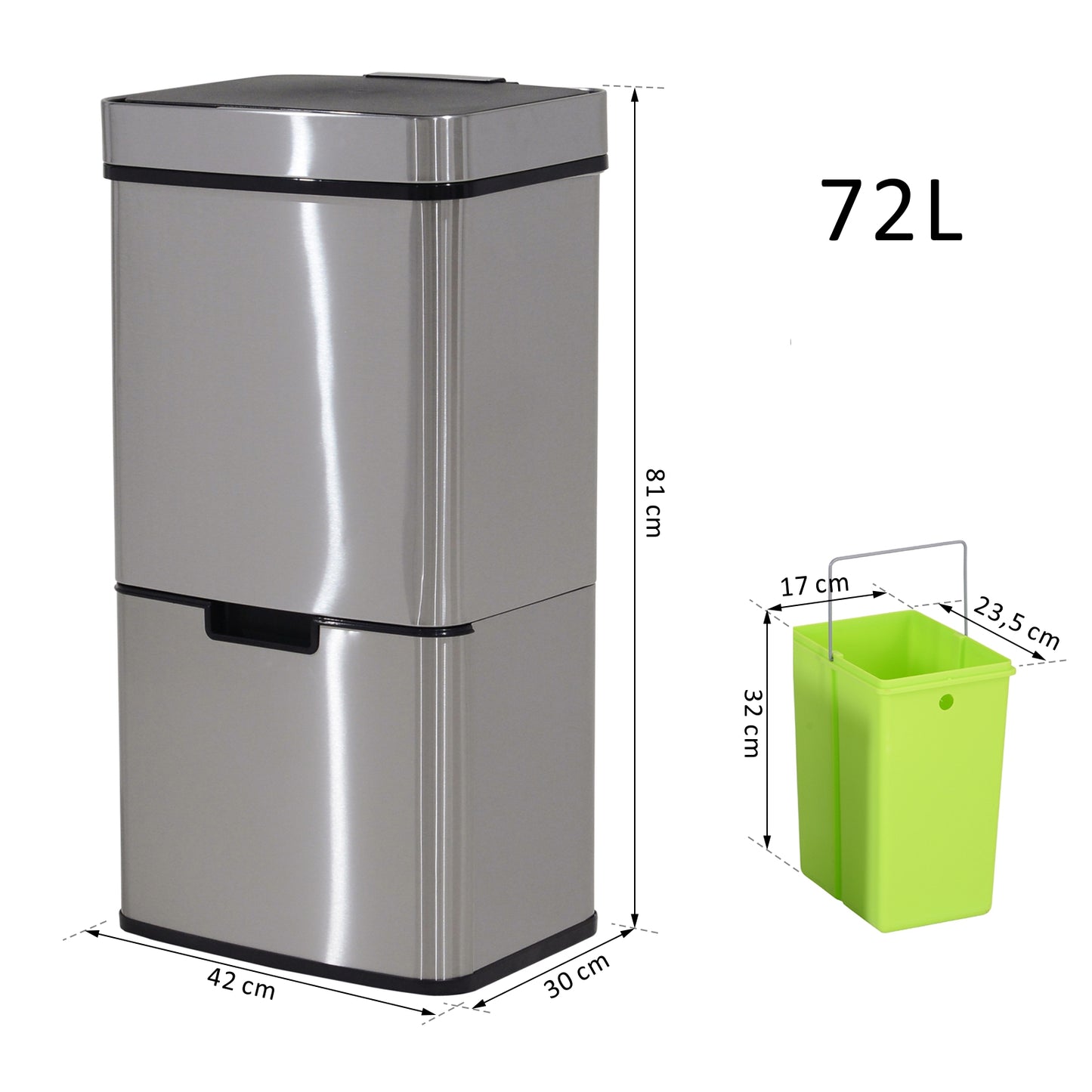 Nancy's Bozeman Prullenbak - Sensor Prullenbak - Afvalscheidingssysteem - 72 L - 3-Vaks - RVS - 42 x 30 x 81 cm - Zilver
