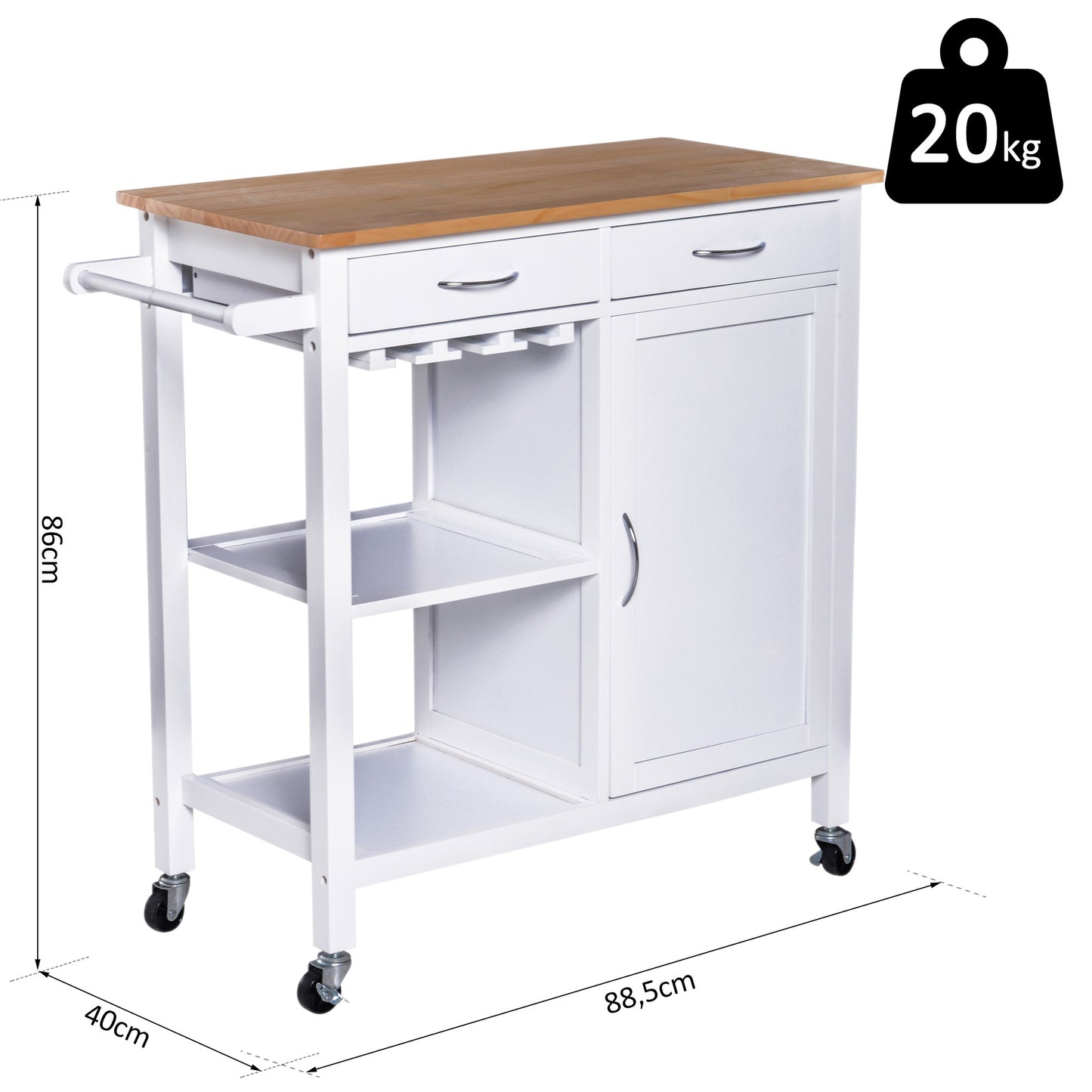 Nancy's Zanesville Keukentrolley - Serveerwagen - 2 Lades - Op Wieltjes - 4 Opbergvakken - 88.5 x 40 x 86 cm - Wit - Bruin