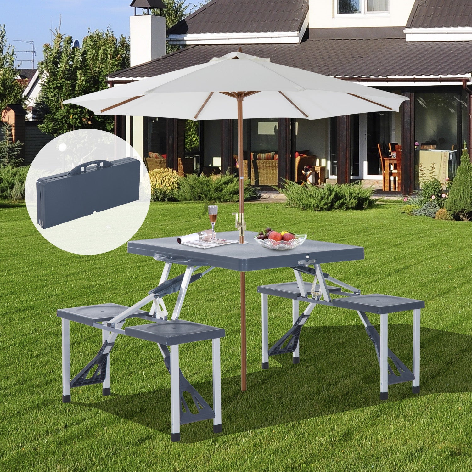 Nancy's Hemet Picknicktafel - Klaptafel - Campingtafel - Tafel - 4 Stoeltjes - Zitgroep - Kampeerkoffer - Aluminium - Grijs