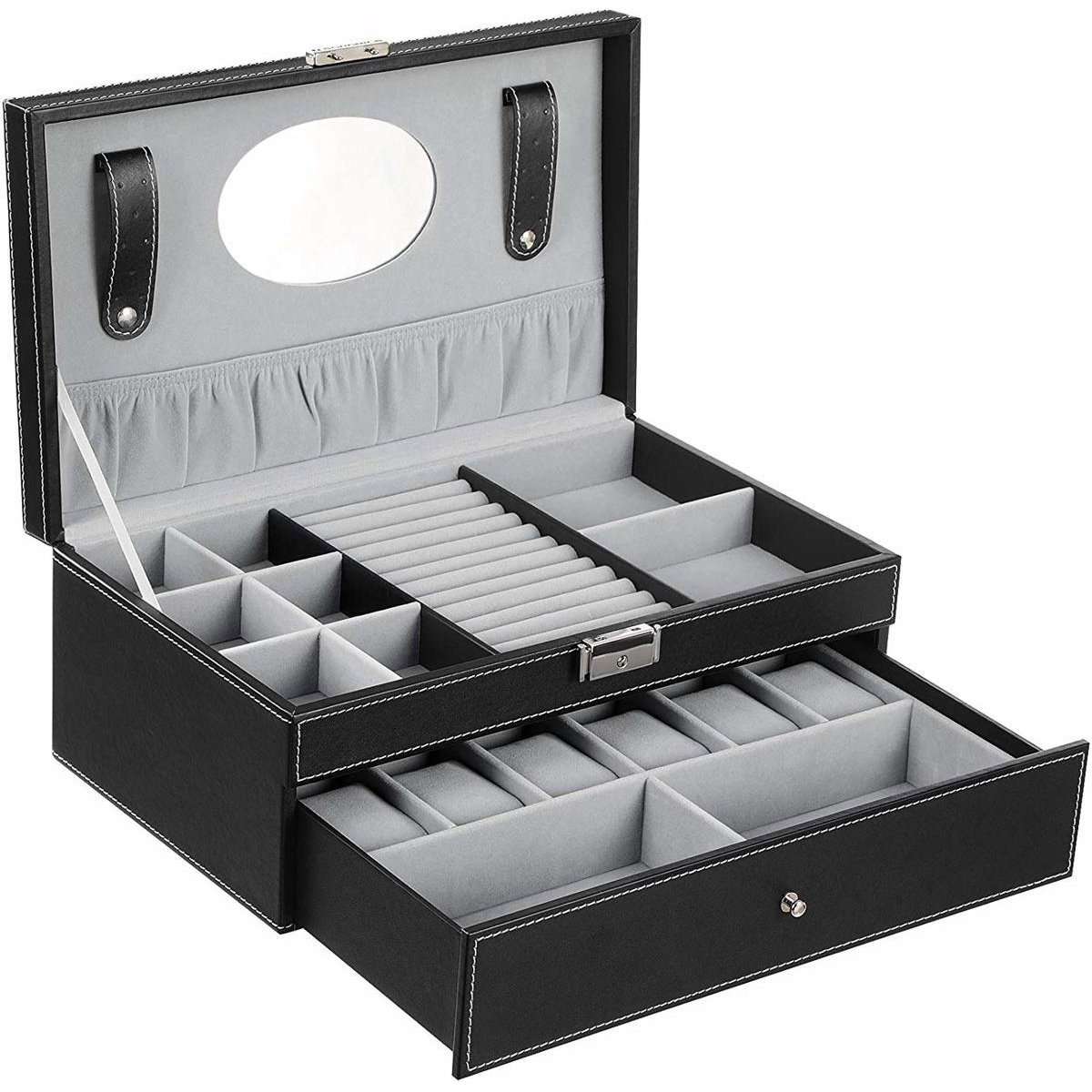 Nancy's Horlogedoos met Spiegel - 6 Horloges - Sieradendoos - Kunstleer - Zwart