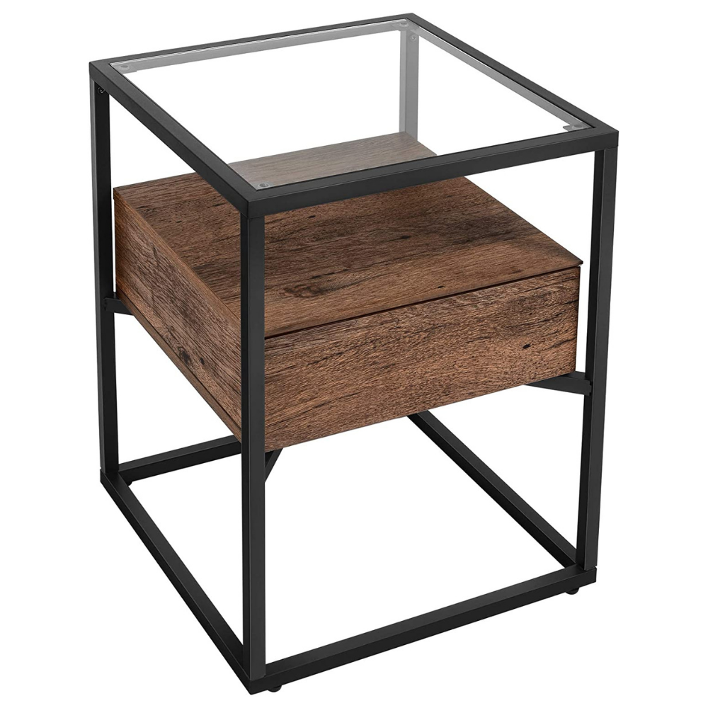 Table d'appoint Pullman de Nancy avec plateau en verre - Table de chevet avec tiroir - Tables de chevet - Industriel - 43 x 43 x 54 cm