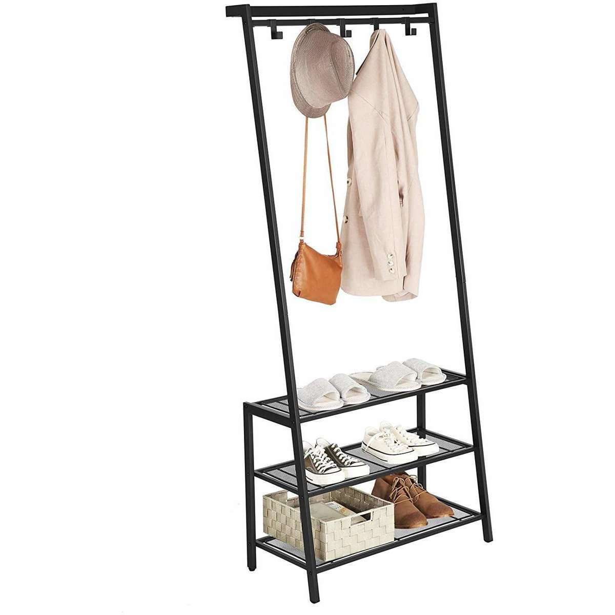 Nancy's Garderoberek met Kapstok Zwart - Schoenenrek 5 Haken en 3 Planken - IJzer - Nancy HomeStore