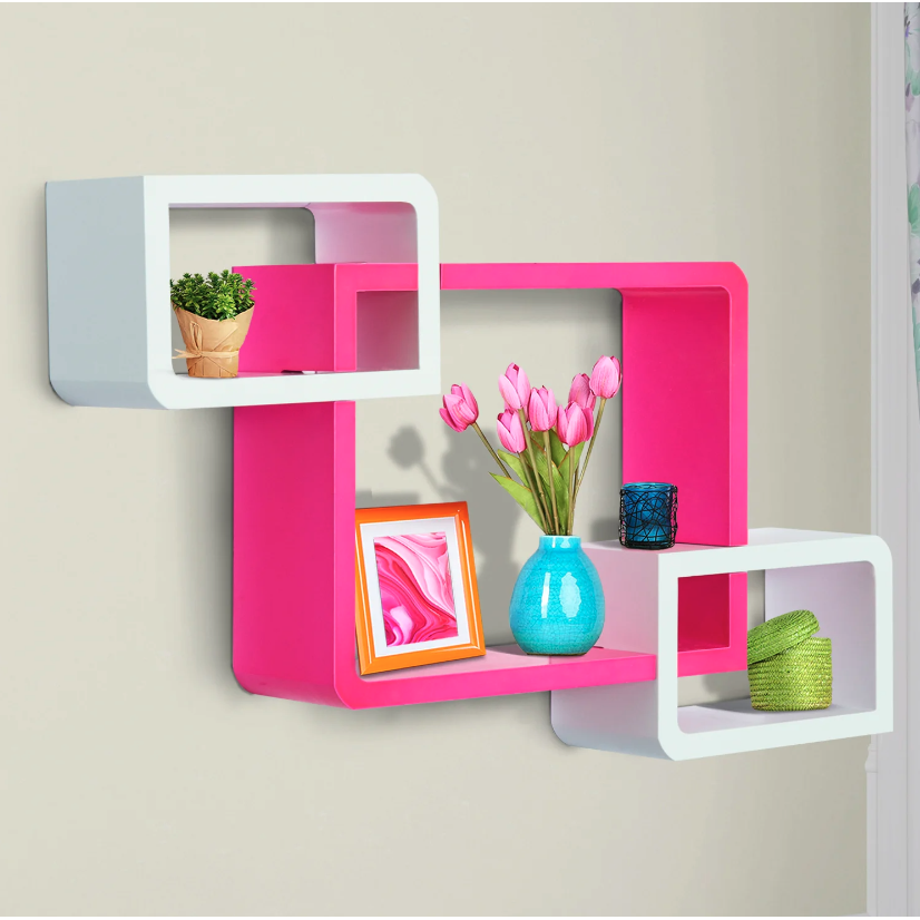 Nancy's Kearns Wandplank - Hangplank - Opbergruimte - Drie Vakken - MDF - Waterafstotend - Roze - Wit - 38 x 12 x 30 cm / 24 x 12 x 15 cm