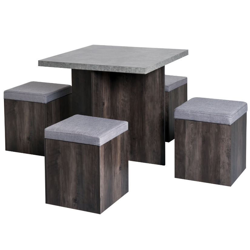 Nancy's New City Tuinset - Eettafel - Krukjes - 4 Krukken - Vierkante Tafel - Bruimnm - Grijs - Gestoffeerd - Opbergruimte - 80 x 80 c,