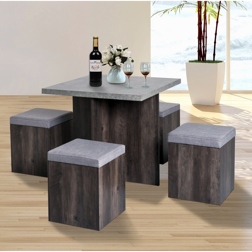 Nancy's New City Tuinset - Eettafel - Krukjes - 4 Krukken - Vierkante Tafel - Bruimnm - Grijs - Gestoffeerd - Opbergruimte - 80 x 80 c,