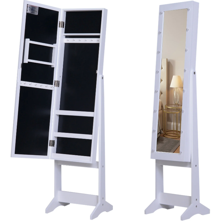 Nancy's Placerville Sieradenspiegel - Spiegelkast - Sieradenkast - Staande Spiegel - LED-Verlichting - Afsluitbaar - Wit - MDF - 36 x 136 x 30 cm