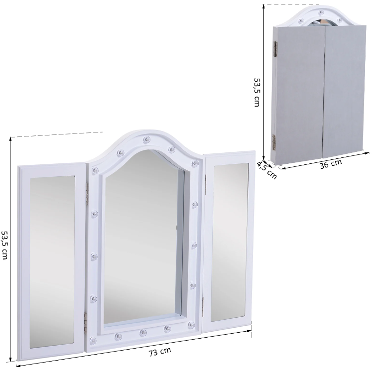 Nancy's Lawndale Make-Up Spiegel - Cosmeticaspiegel - 16 LED Lichtjes - Batterijen - Wit - MDF - 36-73 x 53.5 x 4.5 cm