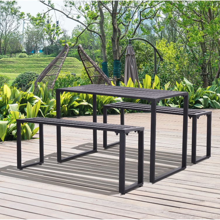 Nancy's Hermiston Tuinset - Partyset - Bierbanken - 3-Delig - Zithoek - Tafel - 2 Banken - Metaal - Zwart - 110 x 55 x 70 cm