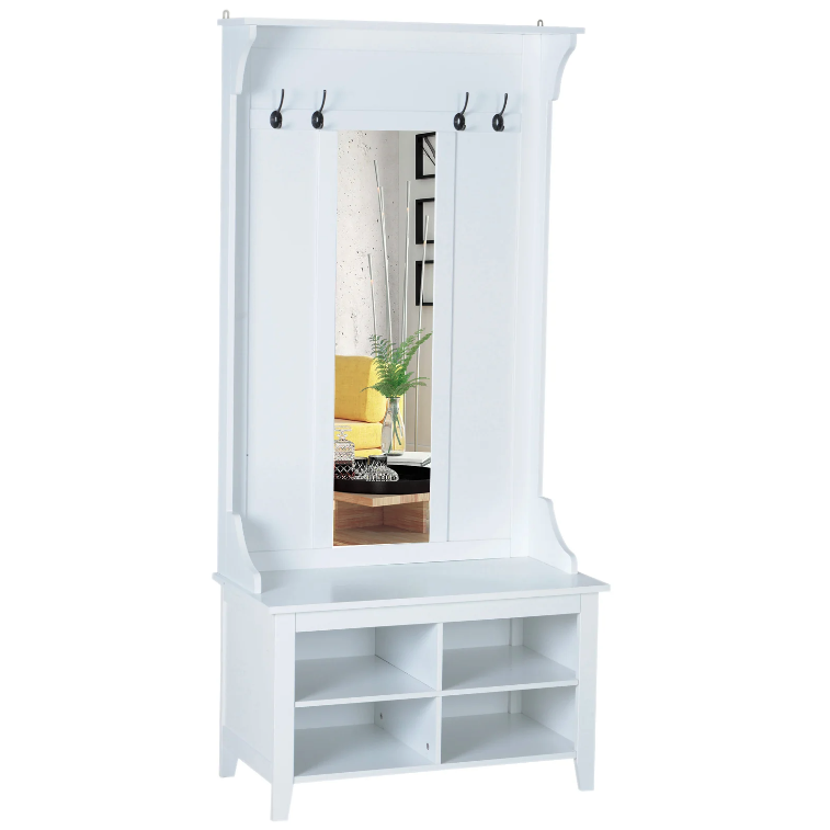 Nancy's Westchester Garderobeset - 4 Haken - 4 Opbergvakken - 3-in-1 - Spiegel - Halrek - Schoenenkast - Wit - MDF - 80 x 40 x 170 cm