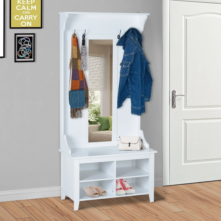 Nancy's Westchester Garderobeset - 4 Haken - 4 Opbergvakken - 3-in-1 - Spiegel - Halrek - Schoenenkast - Wit - MDF - 80 x 40 x 170 cm