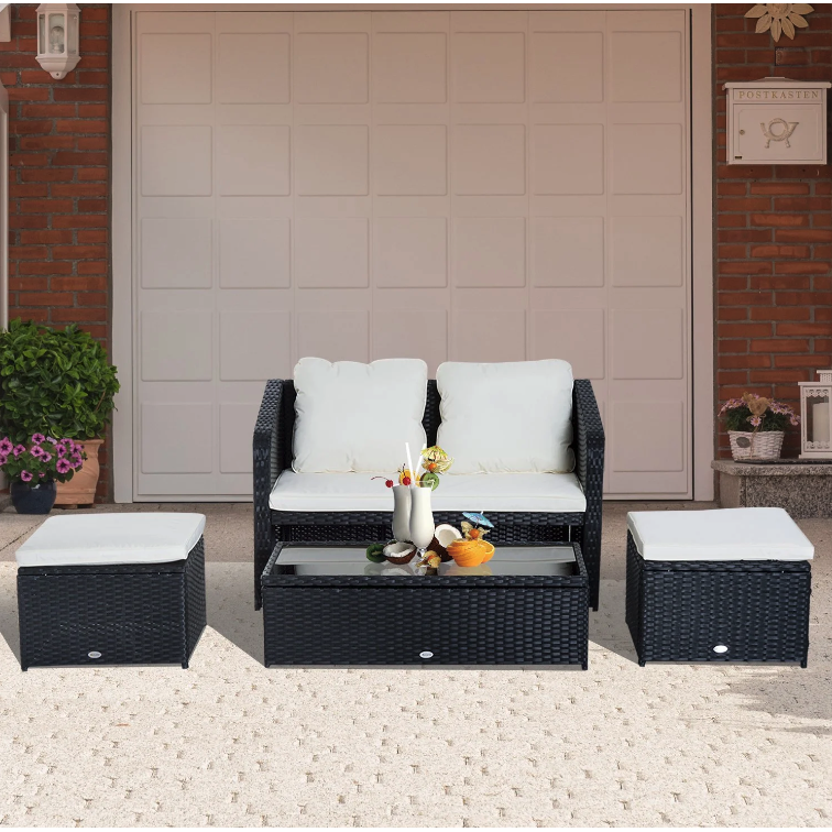 Nancy's Groves Tuinset - 4-Delig - Tuinbank - 2 Krukken - 1 Salontafel - Kussens - Polyrotan - Zwart - Wit