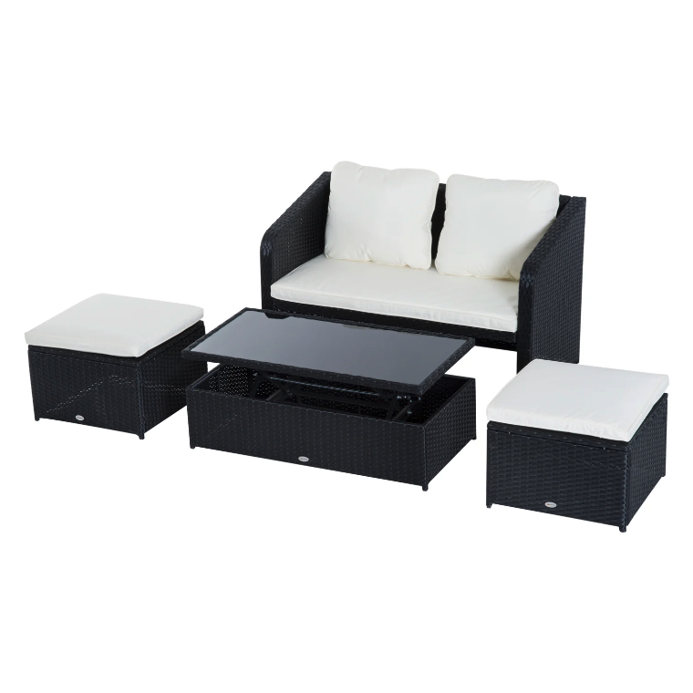 Nancy's Groves Tuinset - 4-Delig - Tuinbank - 2 Krukken - 1 Salontafel - Kussens - Polyrotan - Zwart - Wit