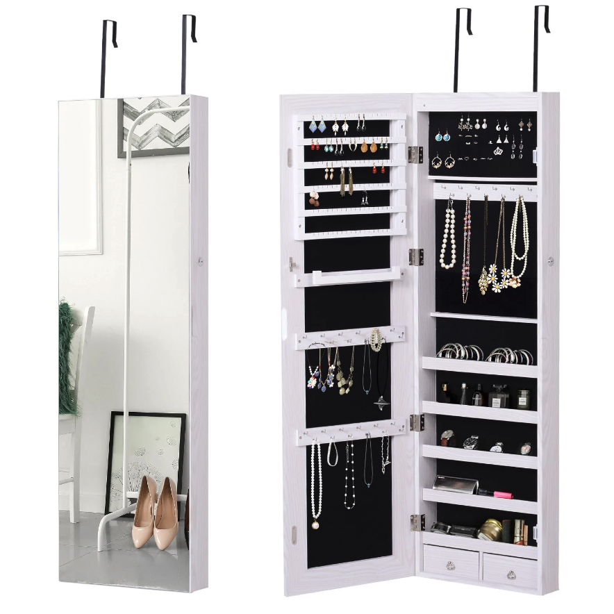 Nancy's Lemoore Sieradenspiegel - Spiegel - Hangende Spiegel - Deurbevestiging - LED - MDF - Wit - 37 x 120 x 10 cm