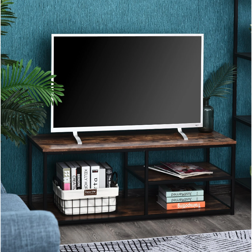 Nancy's Hercules TV-Kast - TV Meubel - Lowboard - Industrieel - 3 Niveaus - Bewerkt Hout - Bruin - Zwart - 120 x 40 x 45 cm