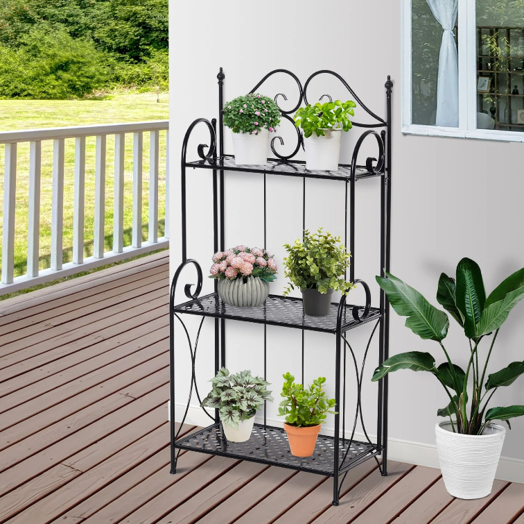 Nancy's Wadsworth Bloementrap - Plantenrek - 3 Niveaus -Bloemenstandaard - Zwart - Metaal - 56 x 30 x 114 cm