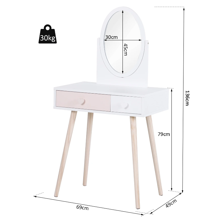Nancy's Pelham Kinderkaptafel - Voor Kinderen - Kaptafel - Bureau - Spiegel - 2 Lades - Massief Hout - Roze - Wit - 69 x 49 x 136 cm