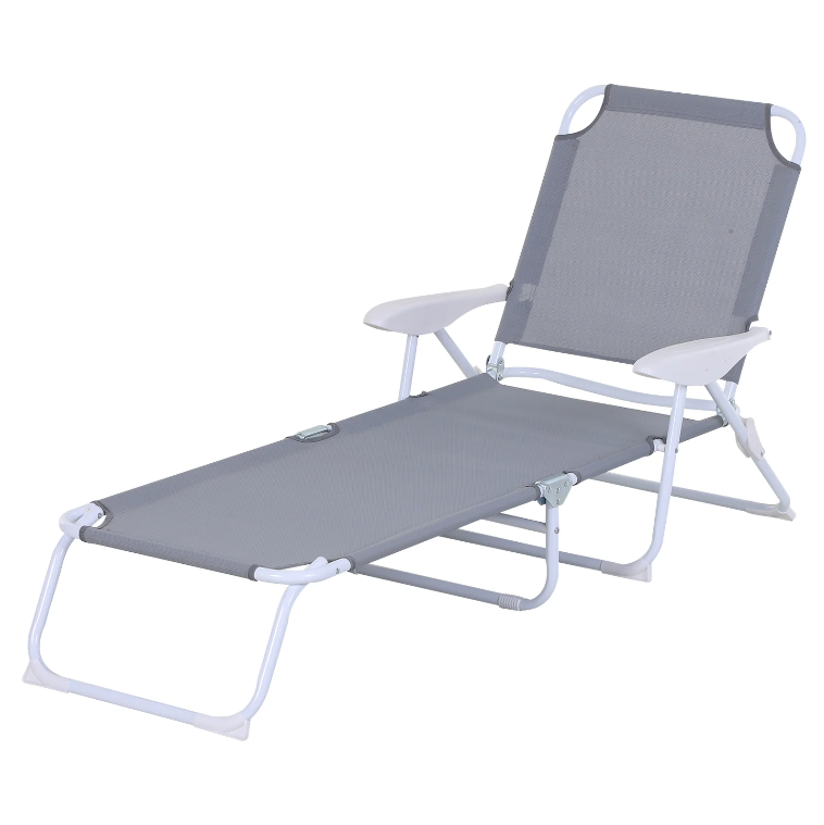 Nancy's Sequim Ligstoel - Loungestoel - Strandstoel - Opvouwbaar - 4-Laags - Armleuning - Mesh - Stof - Grijs - 160 x 66 x 80 cm