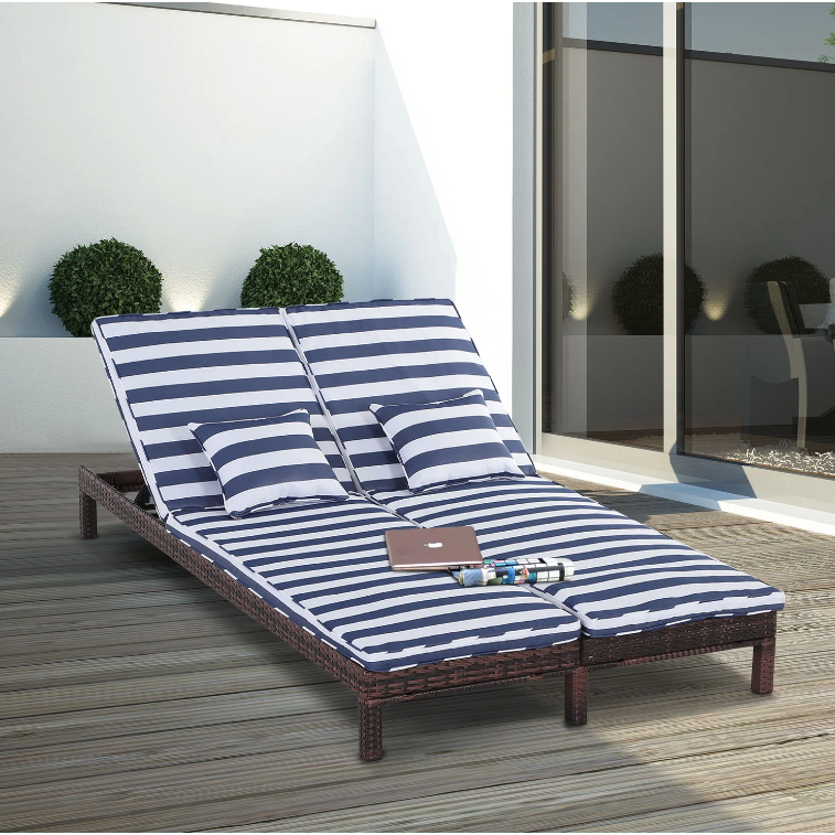 Nancy's Raymore Lounger - Loungebed - Ligstoel - 2-Persoons - 5-Laags - Metaal - Blauw - Wit - Rotan - Bruin - 195 x 120 x 28 cm