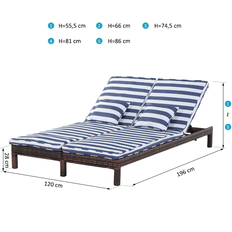 Nancy's Raymore Lounger - Loungebed - Ligstoel - 2-Persoons - 5-Laags - Metaal - Blauw - Wit - Rotan - Bruin - 195 x 120 x 28 cm