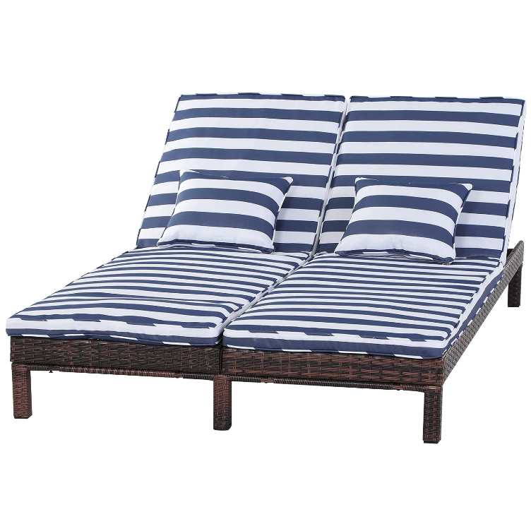 Nancy's Raymore Lounger - Loungebed - Ligstoel - 2-Persoons - Verstelbaar - Metaal - Blauw - Wit - Rotan - Bruin