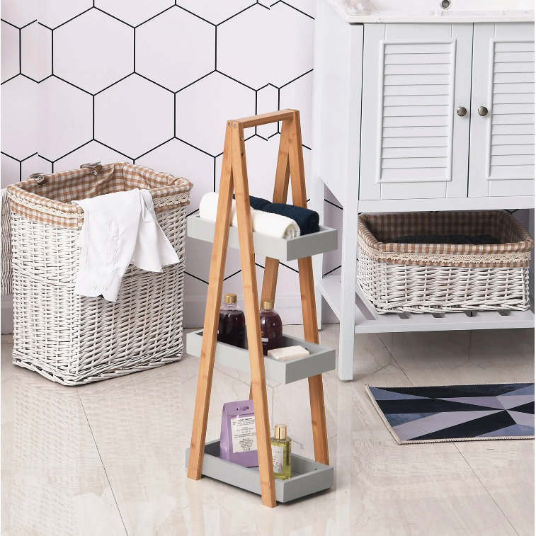 Nancy's Gardner Badkamerrek - Opslagrek - 3 Niveaus - Ladder - Opbergplank - Bamboe - Grijs - MDF - 30 x 18 x 81 cm