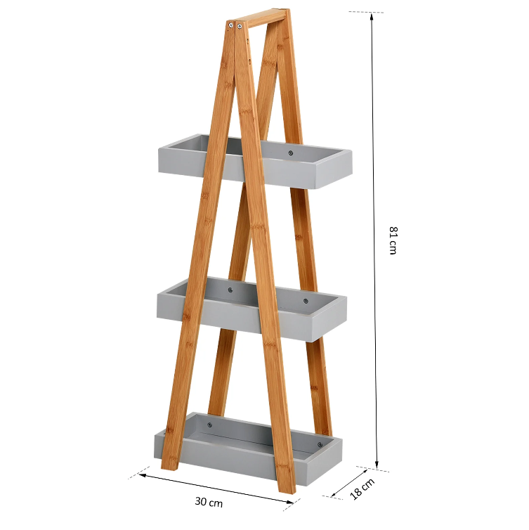 Nancy's Gardner Badkamerrek - Opslagrek - 3 Niveaus - Ladder - Opbergplank - Bamboe - Grijs - MDF - 30 x 18 x 81 cm