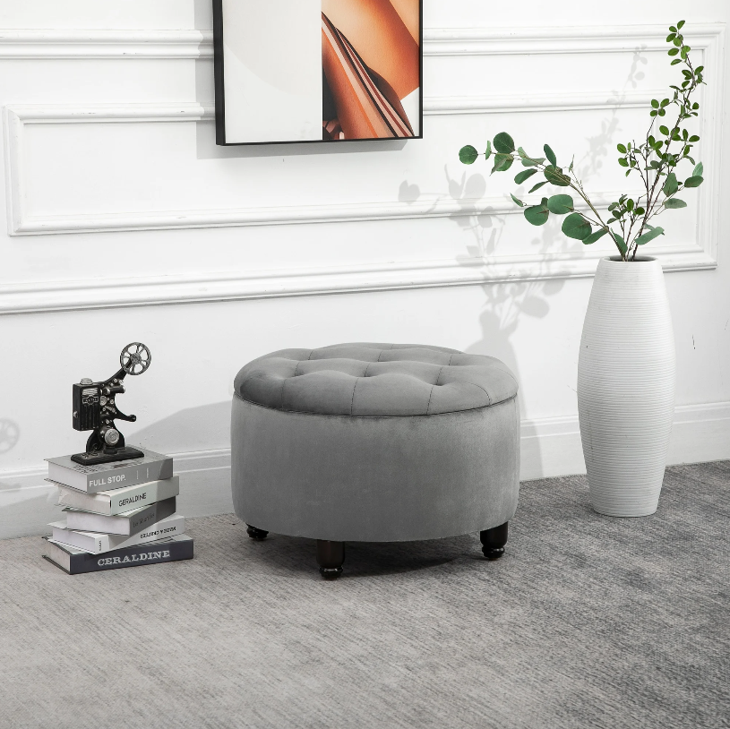 Nancy's Fernley Hocker - Poef - Voetensteun - Kruk - Opbergruimte - Polyester - Hout - Donkergrijs - 61 x 61 x 41.5 cm