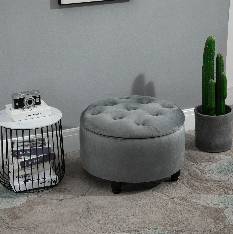 Nancy's Fernley Hocker - Poef - Voetensteun - Kruk - Opbergruimte - Polyester - Hout - Donkergrijs - 61 x 61 x 41.5 cm