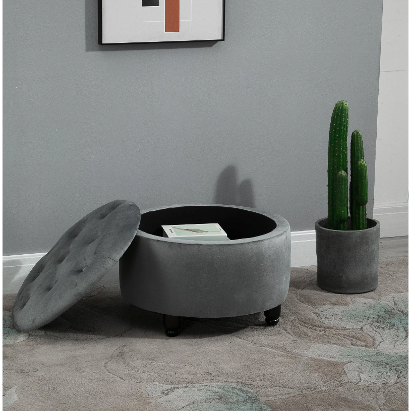 Nancy's Fernley Hocker - Poef - Voetensteun - Kruk - Opbergruimte - Polyester - Hout - Donkergrijs - 61 x 61 x 41.5 cm