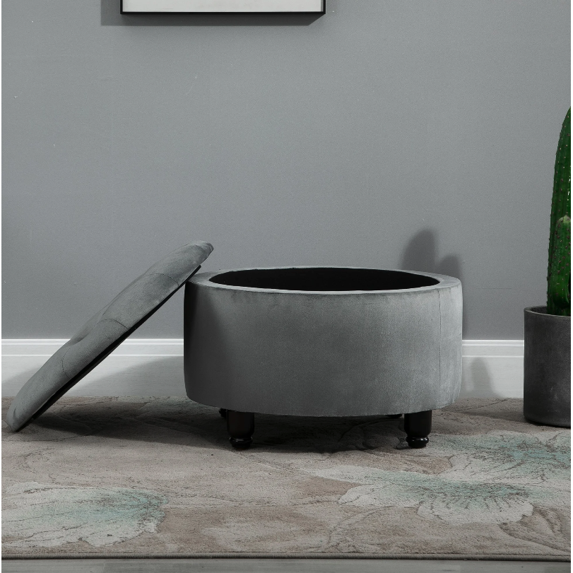 Nancy's Fernley Hocker - Poef - Voetensteun - Kruk - Opbergruimte - Polyester - Hout - Donkergrijs - 61 x 61 x 41.5 cm