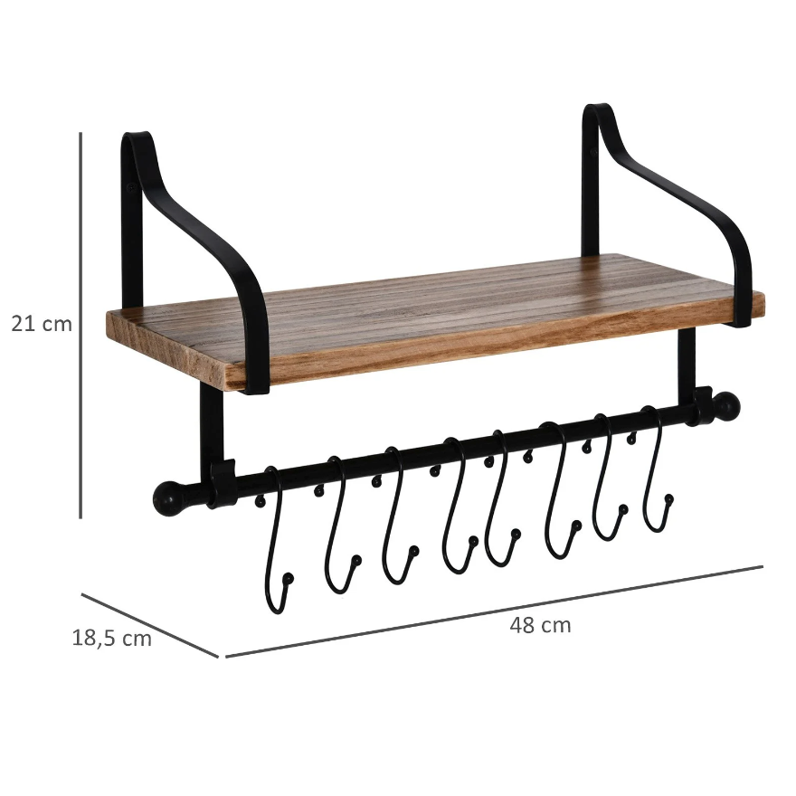 Nancy's Grayslake Wandplank - Zwevende Plank - Keukenplank - 8 Haken - Massief Hout - Bruin - Zwart - 48 x 18.5 x 21 cm