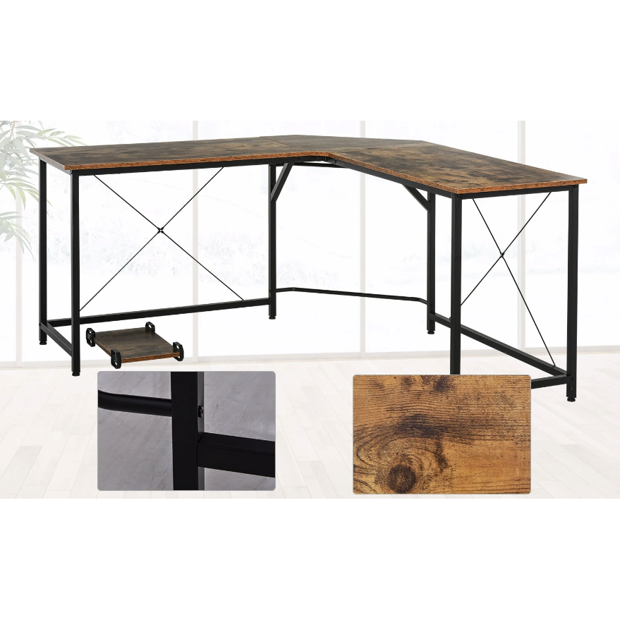 Nancy's Bonney Lake Hoekbureau - Computertafel - L-Vormig - Desktopstandaard - Industrieel - Bewerkt Hout - Bruin - Zwart - 150 x 150 x 75 cm