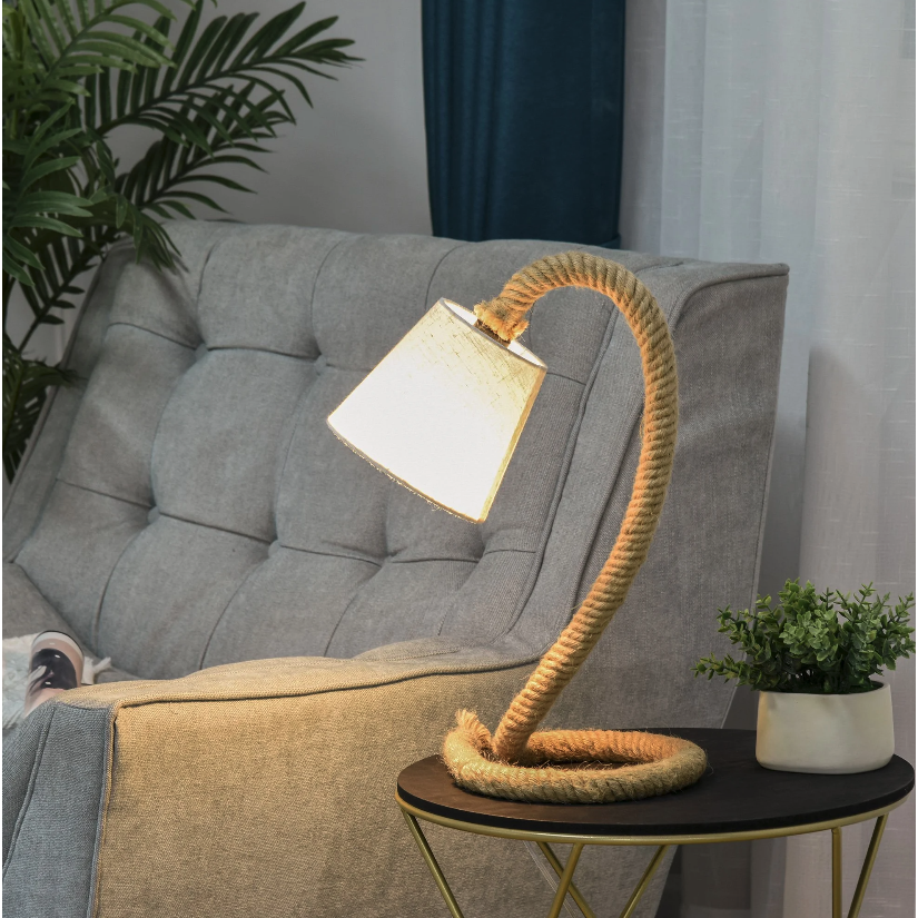 Nancy's Hunters Creek Tafellamp - Modern - Henneptouw - Linnen Look - Lampenkap - E14 - Bruin - Crème - 29.5 x 21 x 43.5 cm