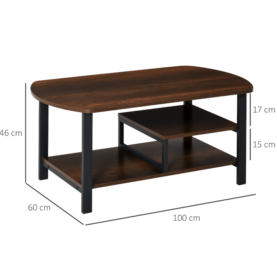 Nancy's Newington Salontafel - Koffietafel - 3 Niveaus - Opbergruimte - Industrieel - Bruin - Bewerkt Hout - Staal - 100 x 60 x 46 cm