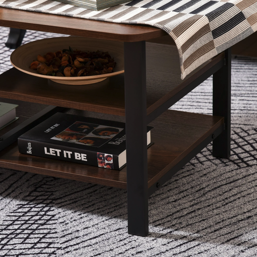 Nancy's Newington Salontafel - Koffietafel - 3 Niveaus - Opbergruimte - Industrieel - Bruin - Bewerkt Hout - Staal - 100 x 60 x 46 cm