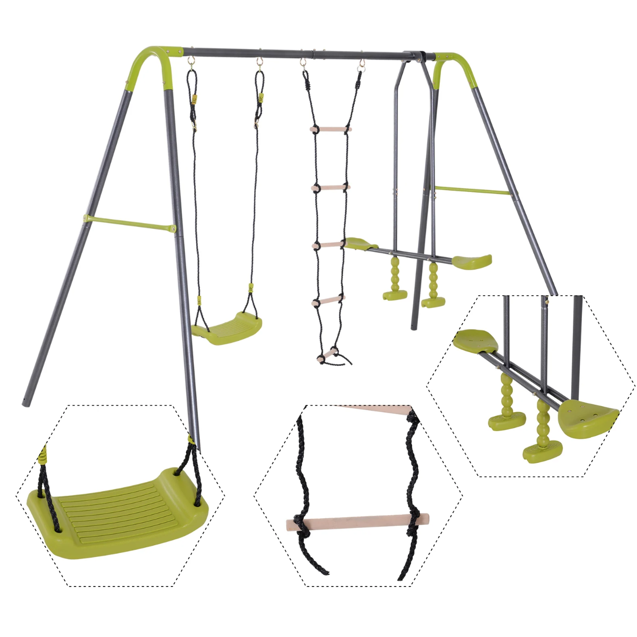 Nancy's Burien Tuinschommel - Kinderschommel - Klimtouwladder - Wip - Vanaf 3 Jaar - Zwart - Groen - 215/295 x 138 x 175 cm
