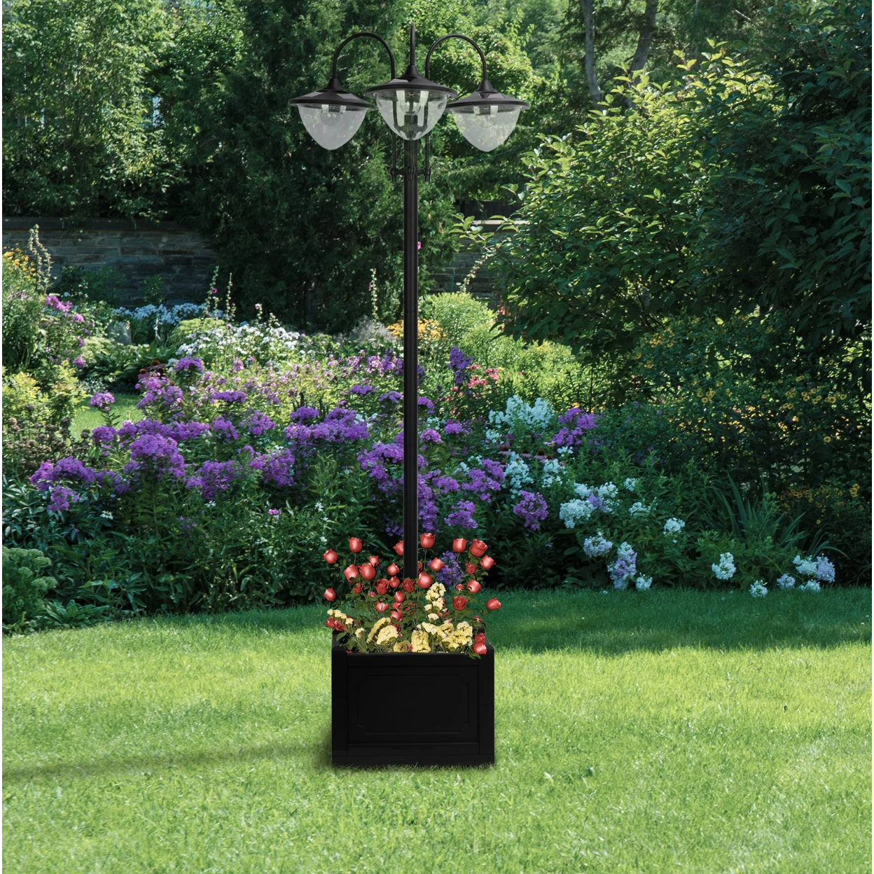 Nancy's Azusa Tuinlamp - Buitenverlichting - Zonne-energie - 3-Kops - Bloempotvoet - Waterdicht - RVS - Zwart