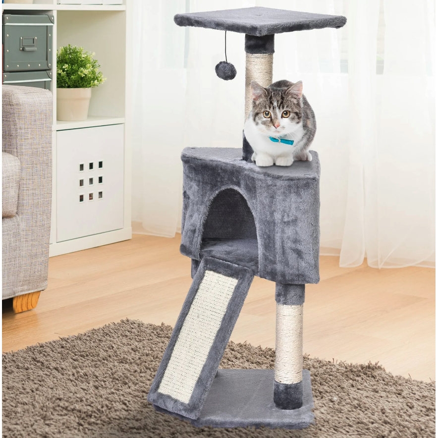 Nancy's Woodhaven Krabpaal - Kattenboom - Kattenhuis - Grot - Grijs - Beige - Bewerkt Hout - Pluche - 40 x 40 x 98 cm