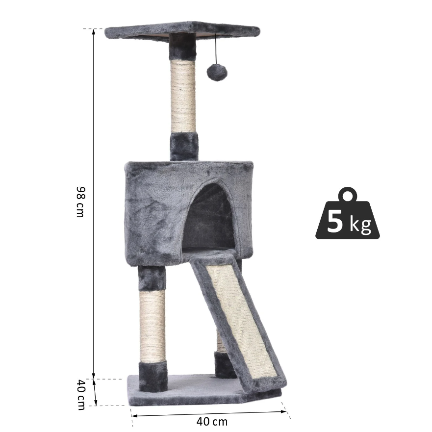Nancy's Woodhaven Krabpaal - Kattenboom - Kattenhuis - Grot - Grijs - Beige - Bewerkt Hout - Pluche - 40 x 40 x 98 cm